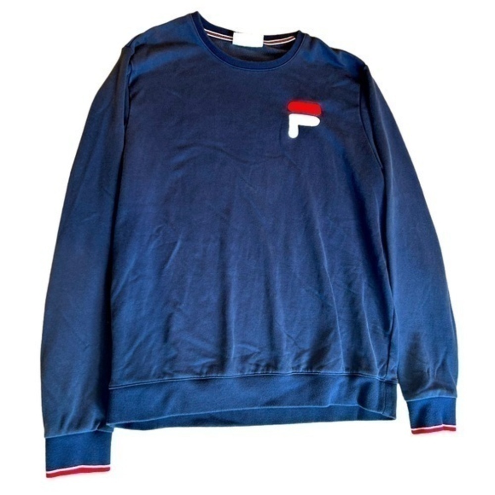 MENS VINTAGE FILA NAVY BLUE LONG SLEEVE SWEATER + RED, WHITE DETAIL, SIZE XXL